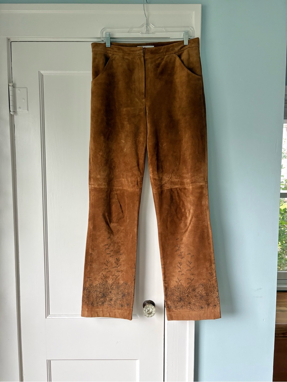 VTG Real Clothes Brown Suede Leather Embroidered Western Floral Boho Y2K Pants 8